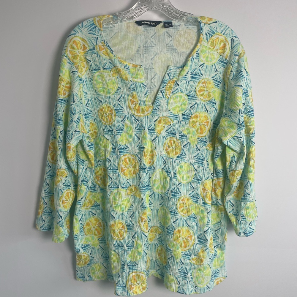 Lands End Citrus Orange Lemon Gauze Cotton Spandex Tunic Top Size XL/P